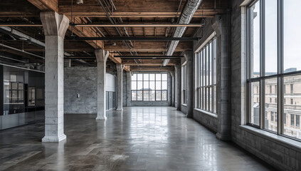 Spacious modern office interior with large windows