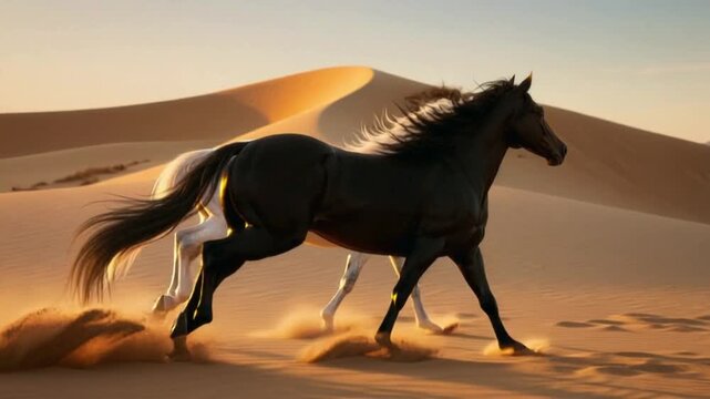 A black and white horse gallops in the desert