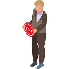 A Person in a Brown Suit and Blue Shirt Holds a Red Stop Sign Illustration on a Transparent...