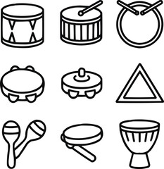 Percussion Instrument Outline Icons Set  Drums, Tambourine, and Cymbals Line Art Collection