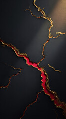Fototapeta premium Cracked Wall Texture with Red and Gold Accents on Dark Background