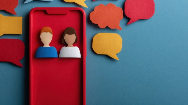 Creative paper cut mobile phone displaying chat bubbles and avatars in a modern workspace environment