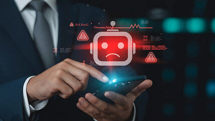 Businessman interacting with sad chatbot on smartphone symbolizing AI failure or malfunction in technology