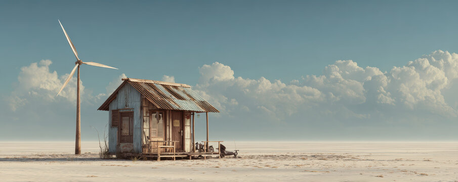 Rustic wooden house with wind turbine in remote areas showing renewable energy use under cloudy sky for sustainable living