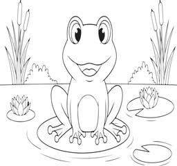 Cute Cartoon Frog on Lily Pad or Lotus Pond Scene kids Coloring page with Dragonflies children Outline Drawing coloring book activity Print