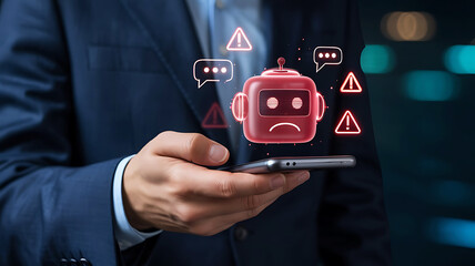 Sad robot face on smartphone screen warns about potential errors and issues on digital platform
