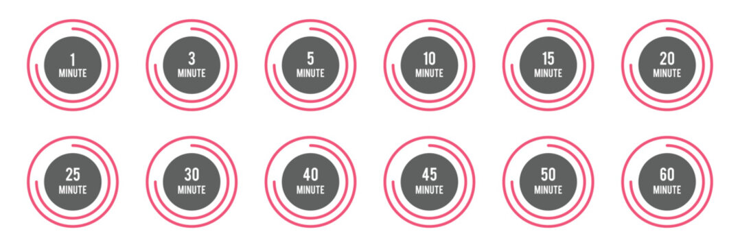 Timer icons showing countdown circles from1 to 60 minutes with blue highlighted segments, ideal for reminders, schedules, workouts, cooking timers, productivity tools.  Cooking time symbols. 