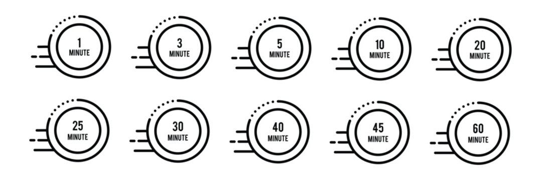 Timer icons showing countdown circles from1 to 60 minutes with blue highlighted segments, ideal for reminders, schedules, workouts, cooking timers, productivity tools.  Cooking time symbols. 