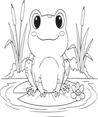 Cute Cartoon Frog on Lily Pad or Lotus Pond Scene kids Coloring page with Dragonflies children Outline Drawing coloring book activity Print