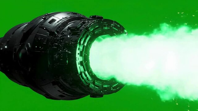 Futuristic spaceship engine blasting powerful green energy on a vibrant green screen background.