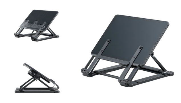 Adjustable black stand. Three angles, close-up of angles and support structure, against black background