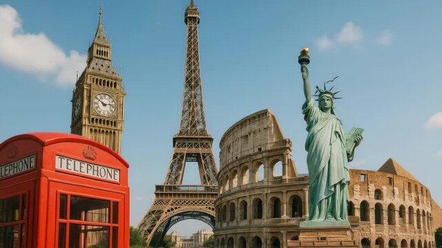 A video collage of iconic landmarks like Big Ben, Eiffel Tower, and Statue of Liberty. Captured from a low angle under a clear blue sky. Live desktop wallpaper.