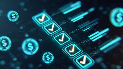 Digital checklist with dollar currency symbols representing completed financial transactions