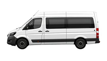 White van on a black backdrop, viewed from the side, exhibiting a sleek design