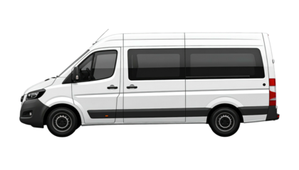 White van on a black backdrop, viewed from the side, exhibiting a sleek design