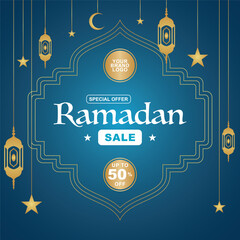 Lettering, Illustration Ramadan Sale with Stunning Deals, Up To 50% Off, and Elegant Gold Decorations, Vector Calligraphy Design, Usable for Poster, Banners, Postcards, Wallpaper, Gifts etc.