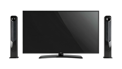A flat-screen TV with a curved stand flanked by two speakers, all set against a stark black background