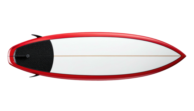 Overhead view of a sleek surfboard with a red rail, white deck, and black tail, isolated on a black background