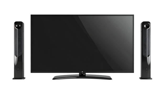 A flat-screen TV with a curved stand flanked by two speakers, all set against a stark black background
