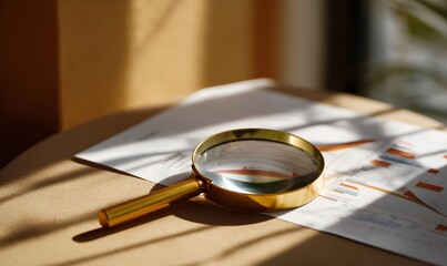 a magnifying glass focusing on documents and graphs under warm sunlight, navy and orange color palette