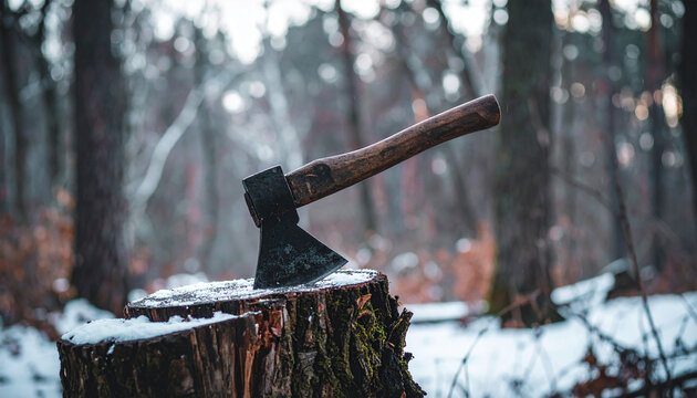 Rustic axe in weathered tree stump, dark snow-dusted forest background, soft winter light - Powered by Adobe
