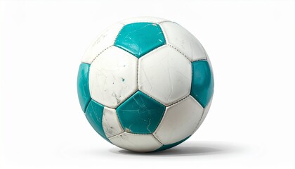 A soccer ball with alternating white and teal panels, featuring a stylized design on one teal section—isolated against a plain white background