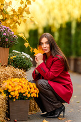 Portrait of a young woman with leaves in an autumn park. A stylish girl in a burgundy jacket strolls outdoors. Autumn fashion.