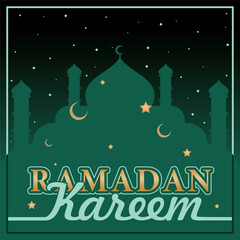 Lettering, Illustration Ramadan Kareem with This Elegant Mosque Silhouette Under A Starry Night Sky, Vector Calligraphy Design, Usable for Poster, Banners, Postcards, Wallpaper, Gifts etc.