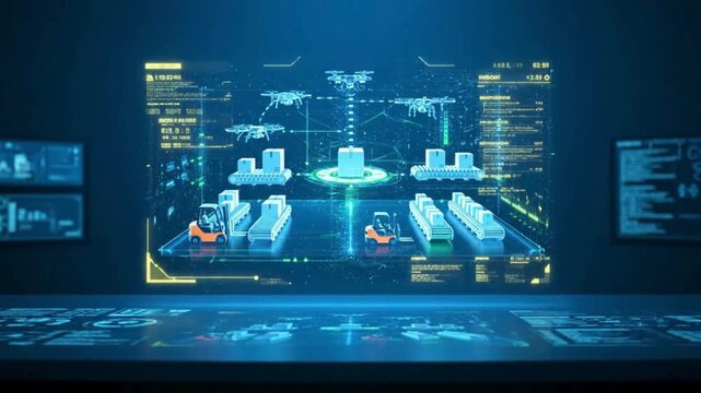 Futuristic digital interface displays global logistics and drone delivery network. - Powered by Adobe