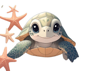  Front-Facing Turtle with Starfish and Coral, kawaii style, isolated