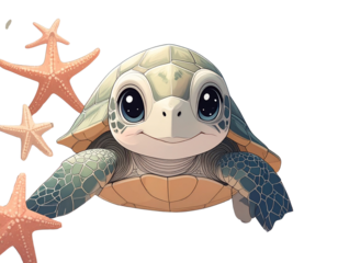  Front-Facing Turtle with Starfish and Coral, kawaii style, isolated
