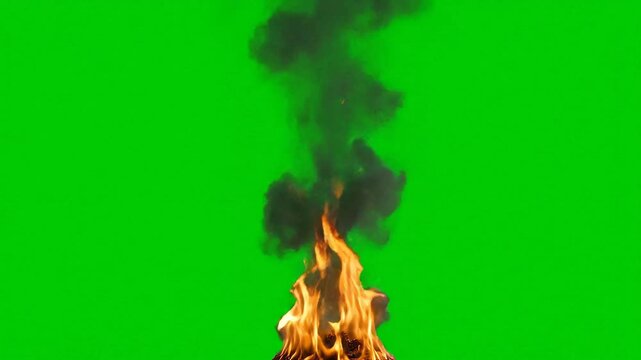Intense Fire Flames and Dark Smoke Rising on Green Screen for VFX Compositing, Danger, Emergency, Power