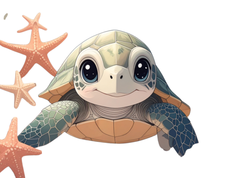  Front-Facing Turtle with Starfish and Coral, kawaii style, isolated