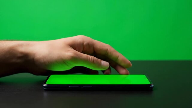 Hand Tapping Smartphone Green Screen for Digital Marketing App Development or Website Display on Dark Table