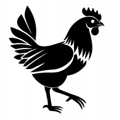 The image features a bold black silhouette of a chicken, characterized by detailed feather patterns and a prominent comb. The design has a dynamic posture.