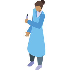 A person in a light blue lab coat and dark pants holds a vial in a laboratory setting with a transparent background isolated vector illustration