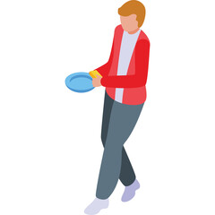 A person in red jacket and gray pants holding a blue plate and yellow object isolated on white background in isometric view