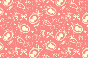 Seamless vector illustration of vintage romantic elements like silhouettes, ribbons, and hearts on a warm pink background. Perfect for textiles, wrapping paper, or wedding-themed designs.