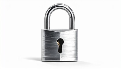 Naklejka premium “Metallic padlock with brushed body and shiny curved shackle, standing upright on white surface, sleek security symbol”