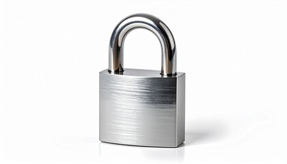 Naklejka premium “Metallic padlock with brushed body and shiny curved shackle, standing upright on white surface, sleek security symbol”