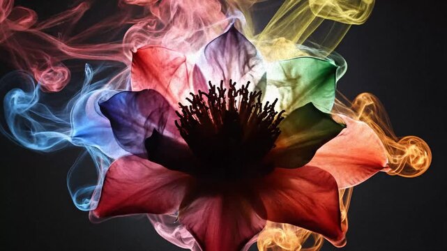 Flower Blooms While Enveloped in Flowing Multi-Colored Smoke