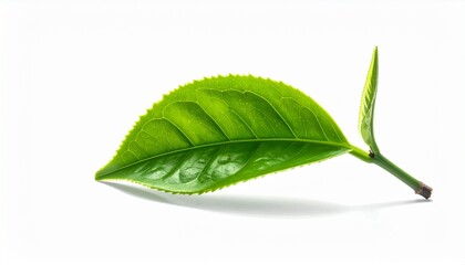 “Single green leaf with serrated edge and visible veins, isolated on white background, botanical clarity”