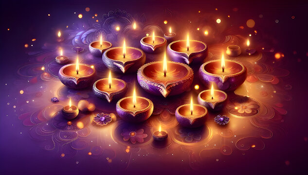 Diwali Festival Background with Glowing Diyas, Bokeh Lights, and Vibrant Colors