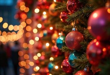 vibrant holiday lights festive decorations celebration colorful display merry whimsical cheerful scene, festival, ornament, glow, twinkle, illumination, string