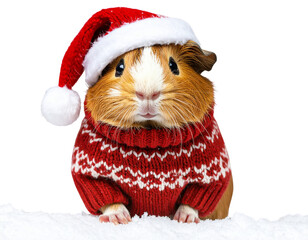  Guinea Pig in Cozy Winter Sweater and Santa Hat, isolated on transparent background