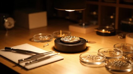 Intricate watchmaking tools and components meticulously arranged on a wooden workbench under focused light.