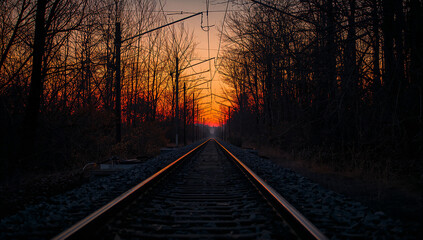 Fototapeta premium Railway Tracks Under Vibrant Sunset in Serene Forest