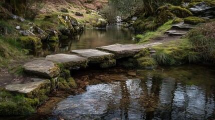 石造りの小橋と苔むした岸辺