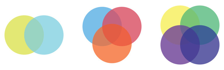  Logo-type diagram vector set on white page. Modern isolated graphical flat Venn diagram icons. Modern isolated Venn diagram icons set on white background.