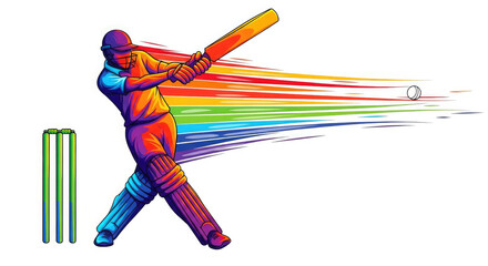 Cricket player hitting ball with colorful motion lines